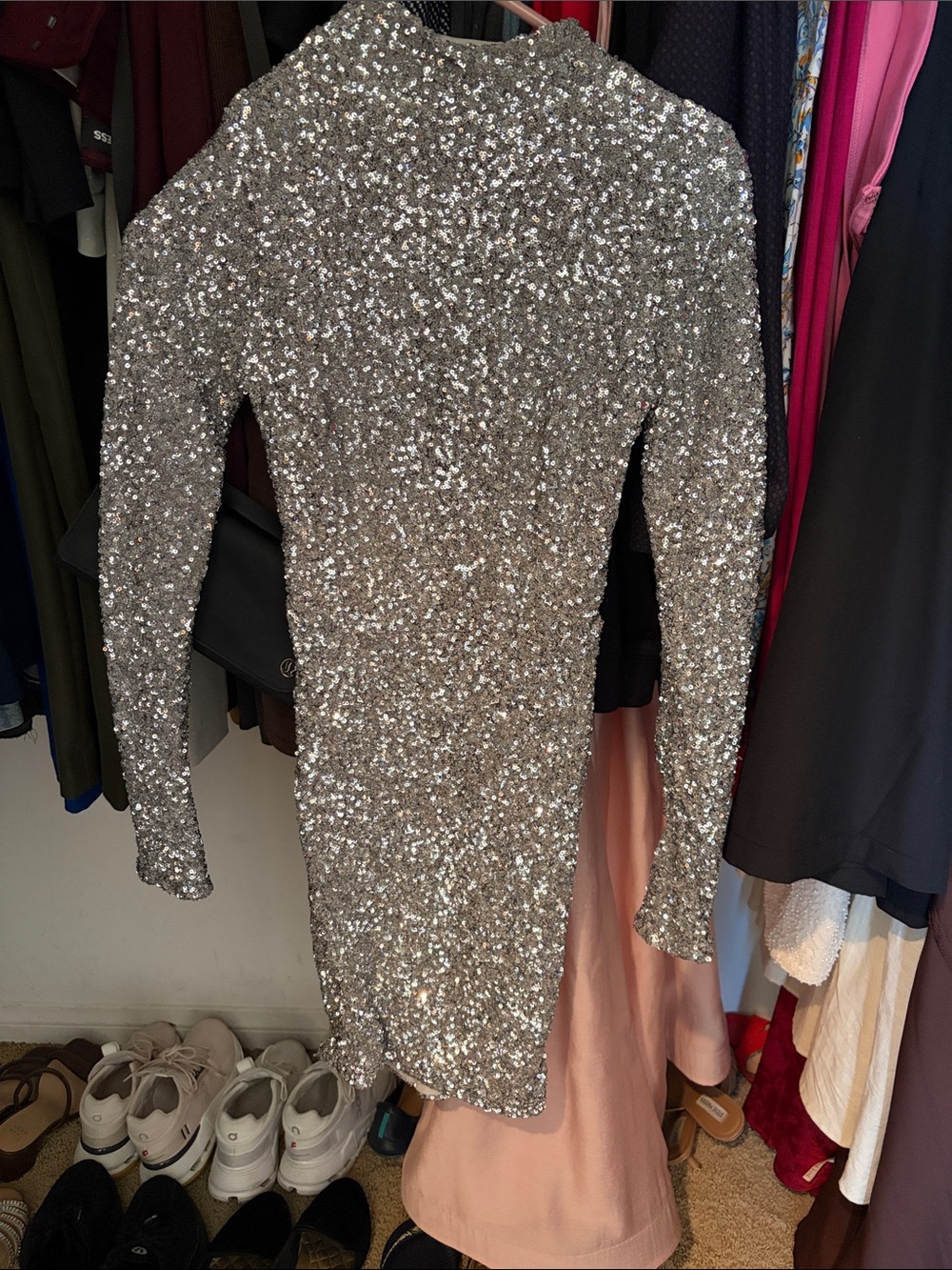 Oh Polly Silver Sequin Long Sleeve Mini Dress